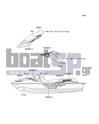 KAWASAKI - STX-15F 2011 - Body Parts - Decals(White)(ABF) - 56069-3825 - PATTERN,HULL,LH